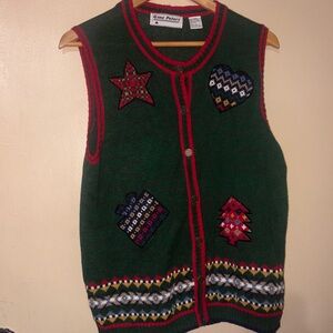 Gina Peters Women Christmas Embroidered Buttoned‎ Up Knitted Sweater Vest Large